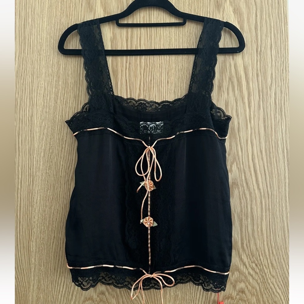 ROUJE TOP CAMI BRAND NEW WITH TAGS SUMMER LACE ROSE SILK BLACK PINK UK10 M EU38 - Picture 1 of 11